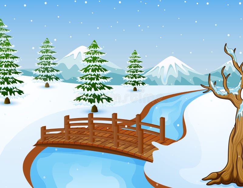 Paysage d'hiver de bande dessinée avec les montagnes et le petit pont en bois au-dessus de la rivière illustration de vecteur