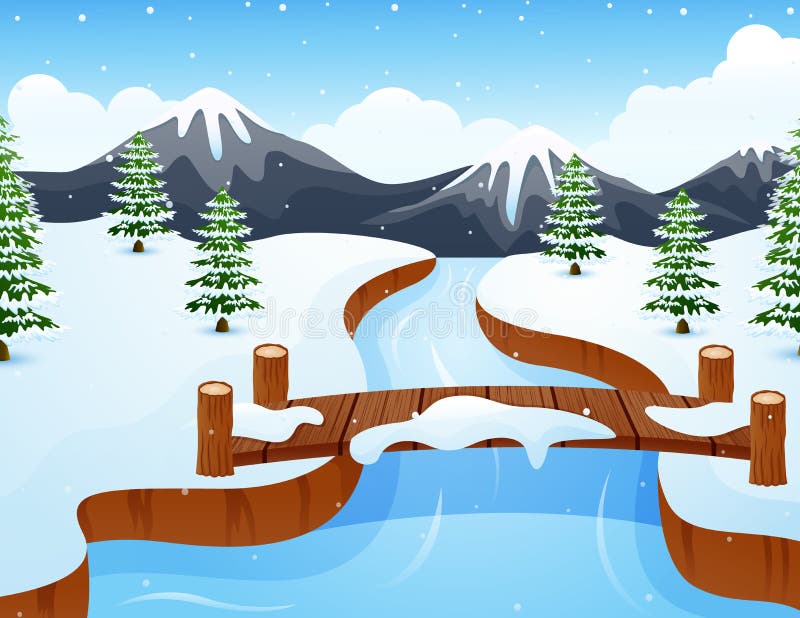 Paysage d'hiver de bande dessinée avec les montagnes et le petit pont en bois au-dessus de la rivière illustration stock