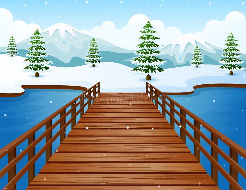 Paysage d'hiver de bande dessinée avec les montagnes et le pont en bois au-dessus de la rivière illustration stock