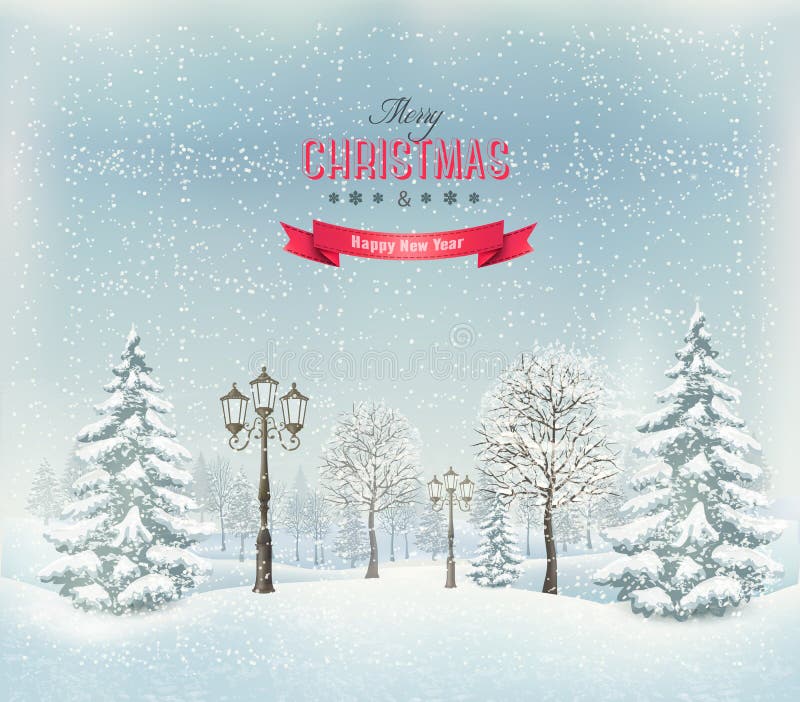 Paysage d'hiver de Noël avec des lampadaires illustration de vecteur Paysage d'hiver de Noël avec des lampadaires illustration de vecteur
