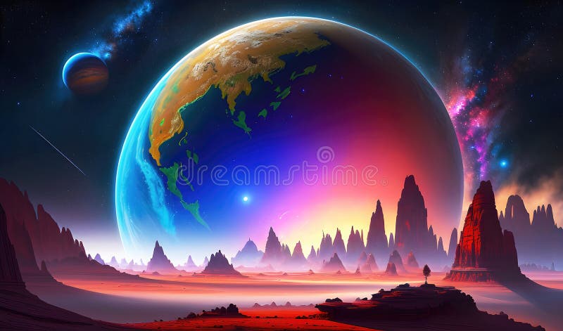 Paysage d'une planète extraterrestre belle vue d'un arrière-plan scifi fictif. ai génératif illustration libre de droits