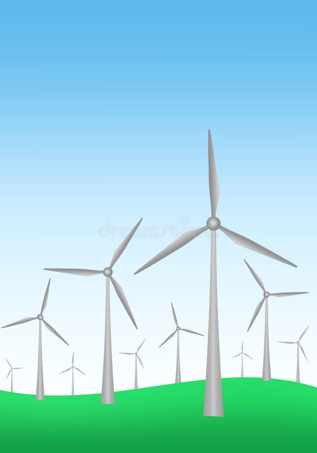 Paysage d'été avec le ciel bleu avec l'horizon rougeoyant avec l'herbe verte et les turbines de vent dans le pré Génération de l' illustration libre de droits Paysage d'été avec le ciel bleu avec l'horizon rougeoyant avec l'herbe verte et les turbines de vent dans le pré Génération de l' illustration libre de droits