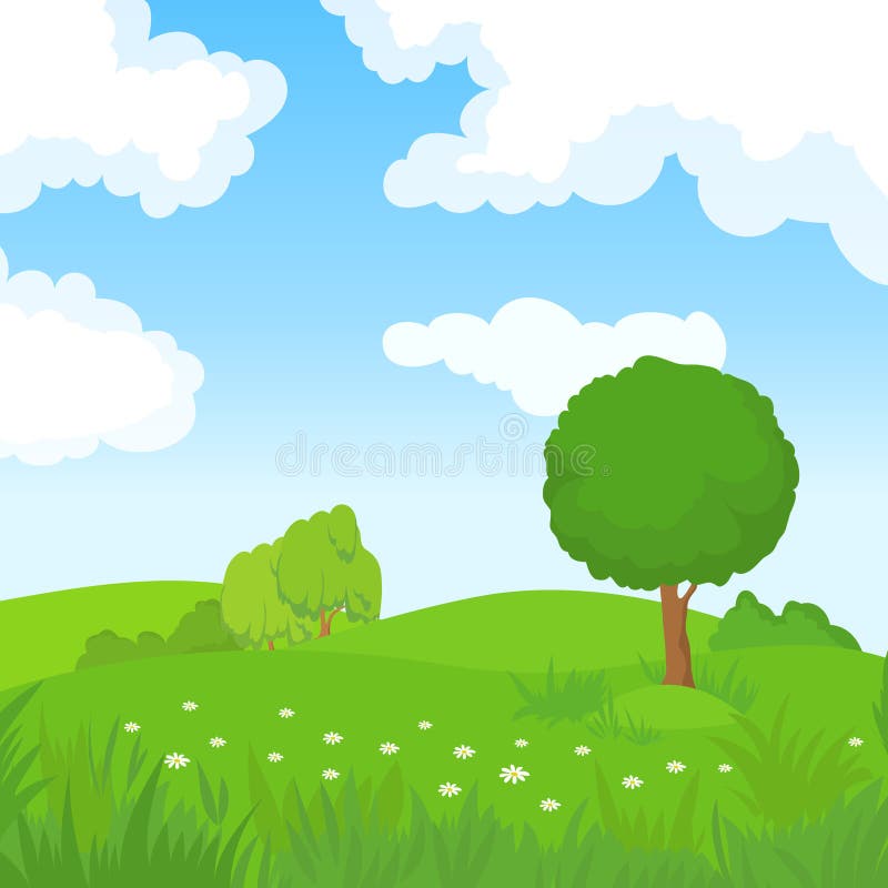 Paysage d'été de bande dessinée avec les arbres verts et les nuages blancs en ciel bleu Fond panoramique de vecteur de Forest Par illustration libre de droits Paysage d'été de bande dessinée avec les arbres verts et les nuages blancs en ciel bleu Fond panoramique de vecteur de Forest Par illustration libre de droits