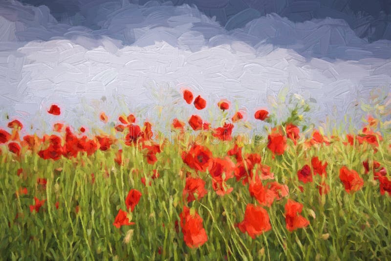 Paysage d'été de peinture à l'huile - champ des pavots illustration stock Paysage d'été de peinture à l'huile - champ des pavots illustration stock