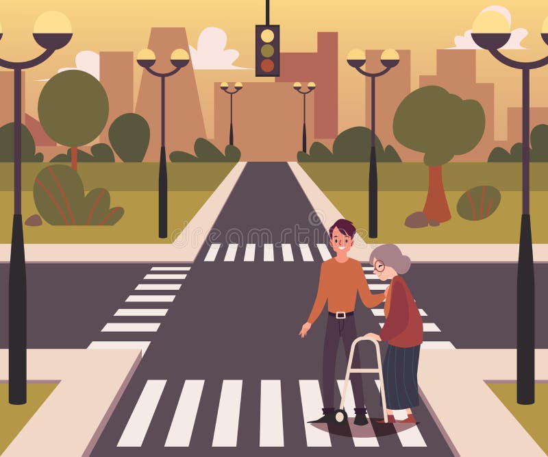 Paysage de carrefour avec un homme aidant l'illustration plate de vecteur de dame pluse âgé illustration libre de droits Paysage de carrefour avec un homme aidant l'illustration plate de vecteur de dame pluse âgé illustration libre de droits