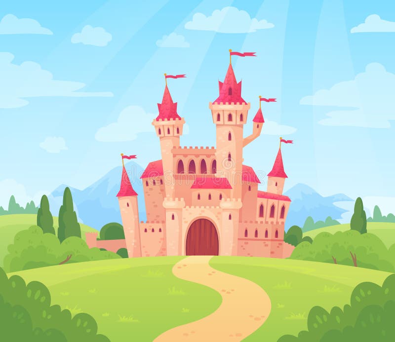 Paysage de conte de fées avec le château Tour de palais d'imagination, maison féerique fantastique ou vecteur magique de bande de
