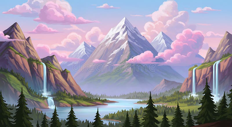 Paysage de montagne majestueux avec des sommets enneigés et des vallées verdoyantes. illustration de vecteur