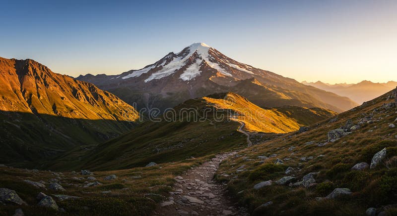 Paysage de montagne majestueux avec un pic enneigé sous un bleu clair illustration de vecteur