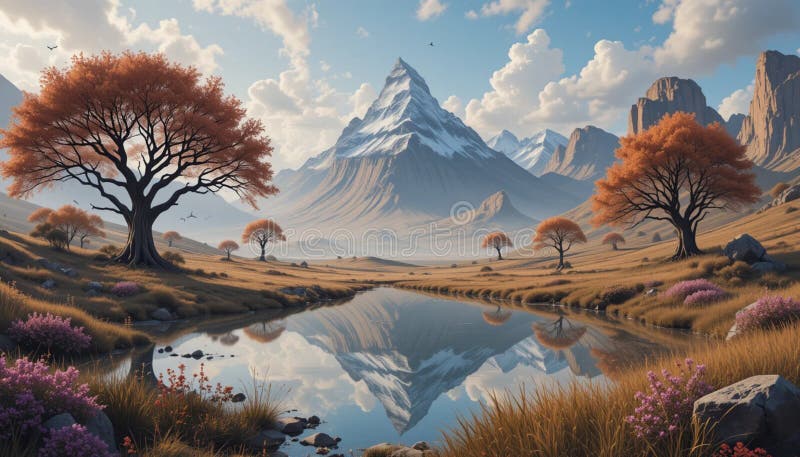 Paysage de montagne majestueux avec un sommet enneigé sous le bleu illustration stock