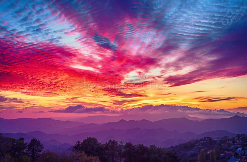 Amazing mountain landscape with colorful vivid sunset on the bright sky, natural outdoor travel background. Panoramic view. Amazing mountain landscape with colorful vivid sunset on the bright sky, natural outdoor travel background. Panoramic view.