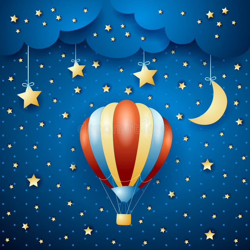 Paysage de nuit avec le ballon à air chaud illustration libre de droits Paysage de nuit avec le ballon à air chaud illustration libre de droits
