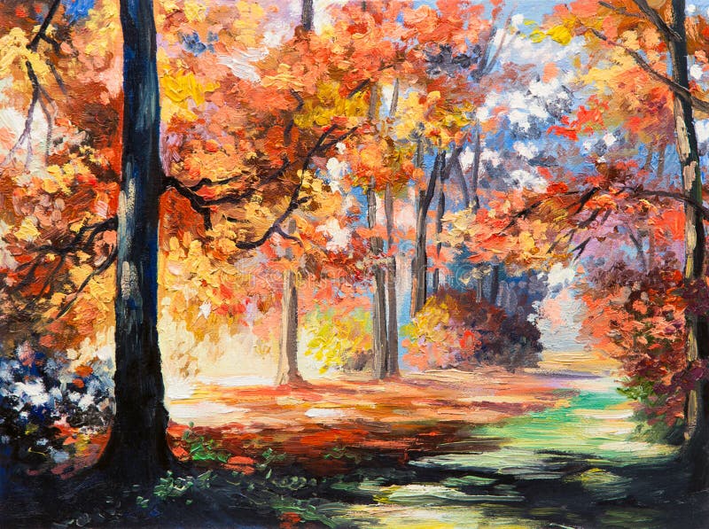 Paysage de peinture à l'huile - forêt colorée d'automne