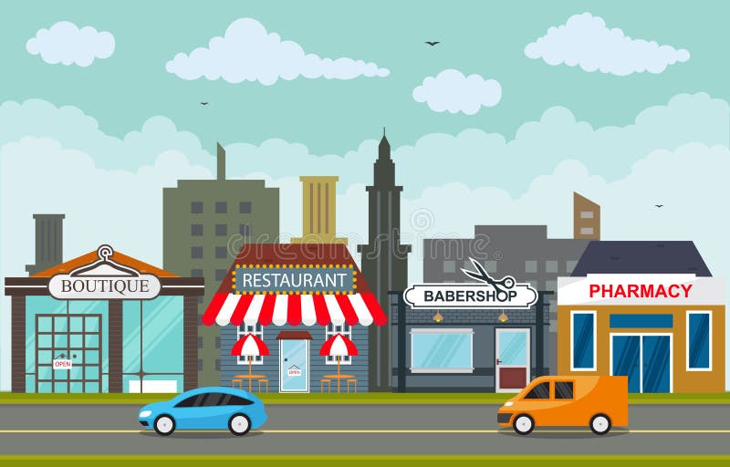 Paysage de petite entreprise de magasin de magasin en ville urbaine avec l'illustration de ciel d'arbre illustration stock Paysage de petite entreprise de magasin de magasin en ville urbaine avec l'illustration de ciel d'arbre illustration stock