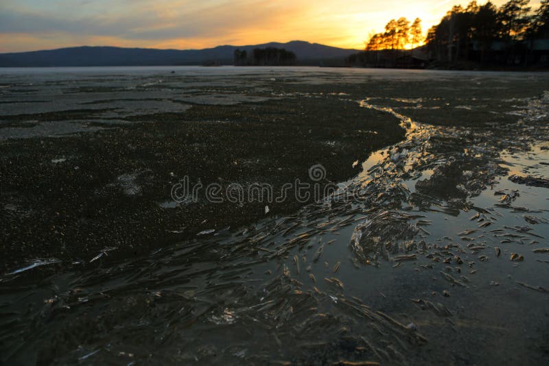 Paysage de ressort sur un lac avec les rivages de fonte le soir image libre de droits Paysage de ressort sur un lac avec les rivages de fonte le soir image libre de droits