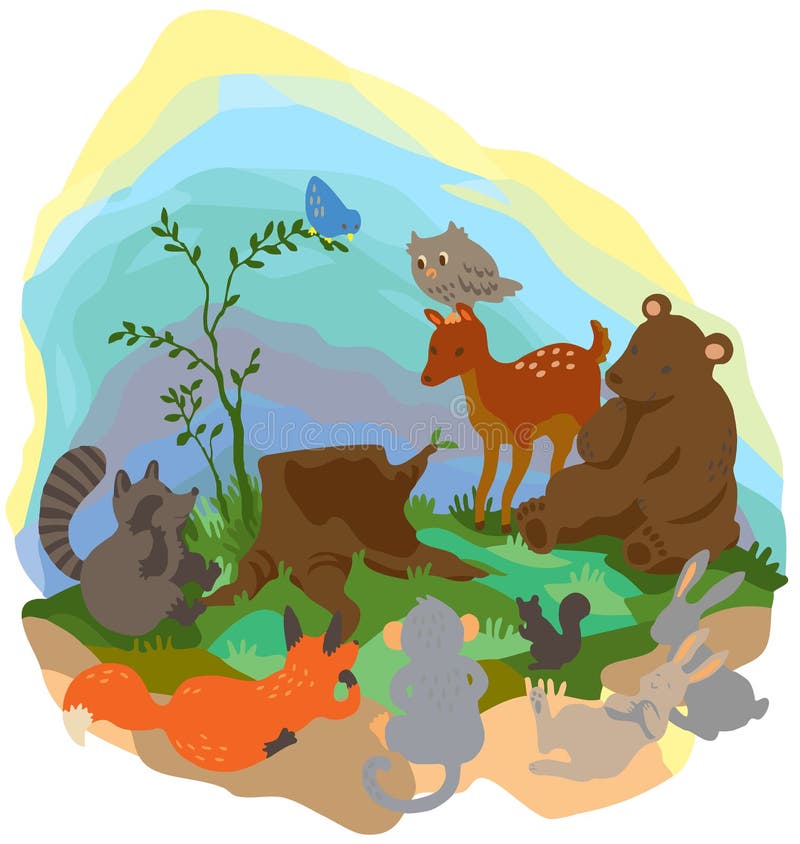 Paysage de région sauvage de forêt de bande dessinée avec beaucoup d'animaux s de faune illustration libre de droits Paysage de région sauvage de forêt de bande dessinée avec beaucoup d'animaux s de faune illustration libre de droits