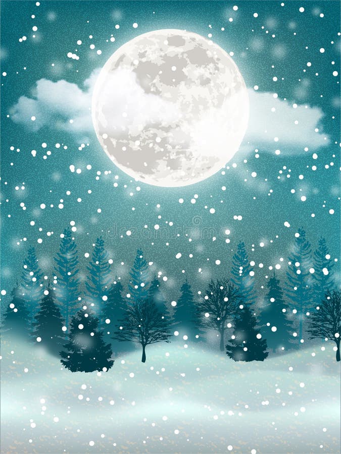 Winter night scene with snow, forest and moon. Christmas holiday vertical background. Winter night scene with snow, forest and moon. Christmas holiday vertical background