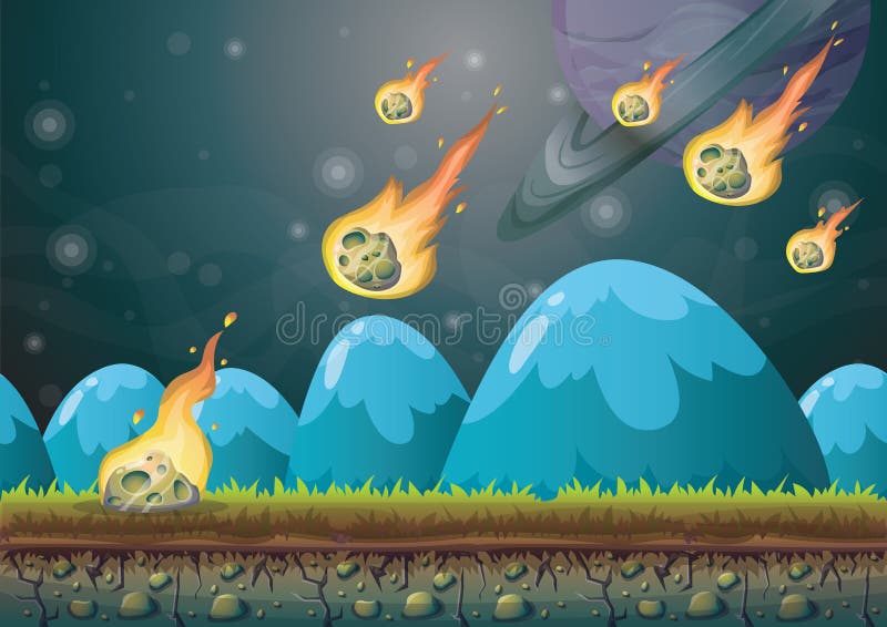 Paysage de vecteur de bande dessinée avec le fond de météore avec des couches séparées pour l'art et l'animation de jeu illustration de vecteur