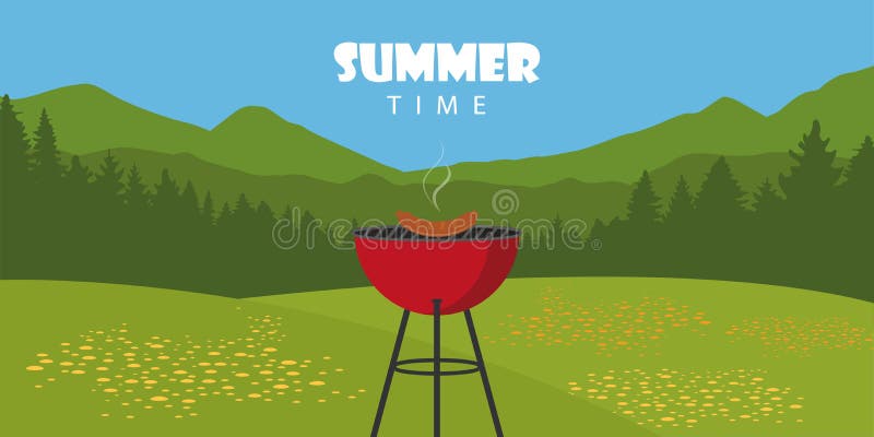 Paysage extérieur de BBQ d'heure d'été avec le barbecue et la saucisse de bouilloire illustration stock Paysage extérieur de BBQ d'heure d'été avec le barbecue et la saucisse de bouilloire illustration stock