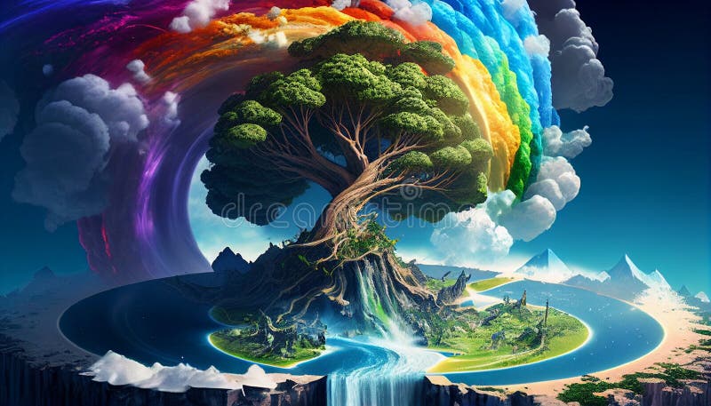 Paysage Fantastique D'arbre Arc-en-ciel Et Arbre Avec Illustration De  Couleurs Arc-en-ciel