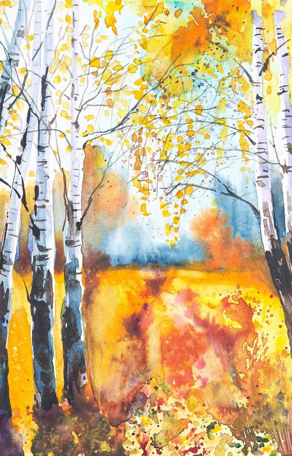 Paysage forestier russe avec de beaux bouleaux dans une clairière Illustration de l'aquarelle