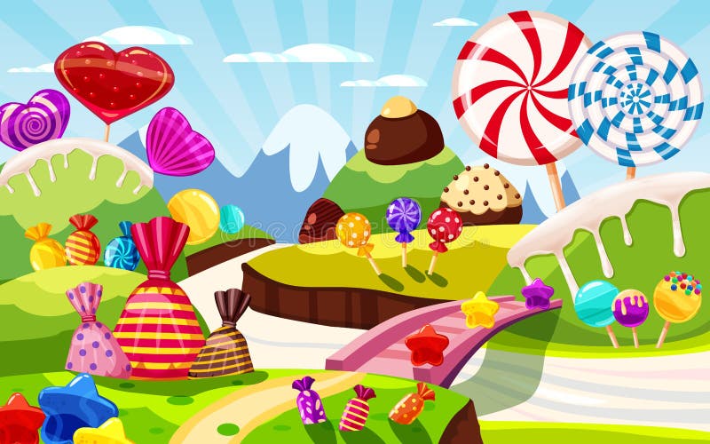 Paysage féerique du monde doux de sucrerie, panorama Bonbons, sucreries, caramel Fond de jeu de bande dessin?e Illustration de ve illustration stock Paysage féerique du monde doux de sucrerie, panorama Bonbons, sucreries, caramel Fond de jeu de bande dessin?e Illustration de ve illustration stock