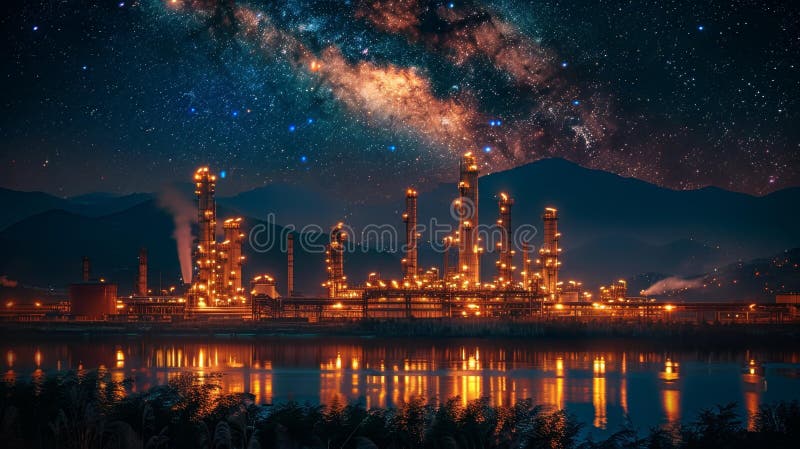 Paysage industriel nocturne avec mode laiteux génération ai. Une vue imprenable en nocturne sur un paysage industriel illuminé par des lumières avec la voie laiteuse visible dans le ciel réfléchissant sur l'eau