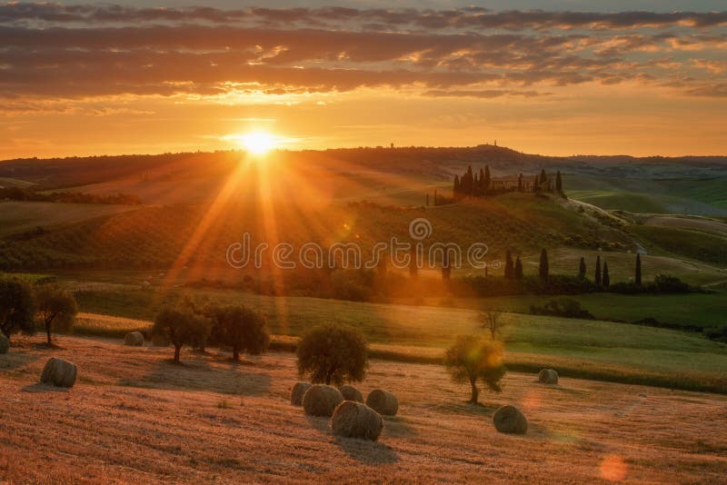 Paysage magnifique de ressort au lever de soleil Belle vue de maison toscane typique de ferme, collines de vague verte photographie stock Paysage magnifique de ressort au lever de soleil Belle vue de maison toscane typique de ferme, collines de vague verte photographie stock