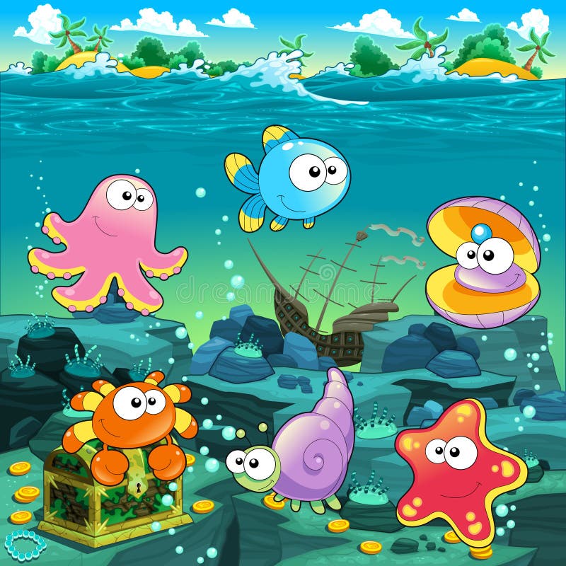 Paysage marin avec le trésor, le galion et les poissons. illustration de vecteur Paysage marin avec le trésor, le galion et les poissons. illustration de vecteur