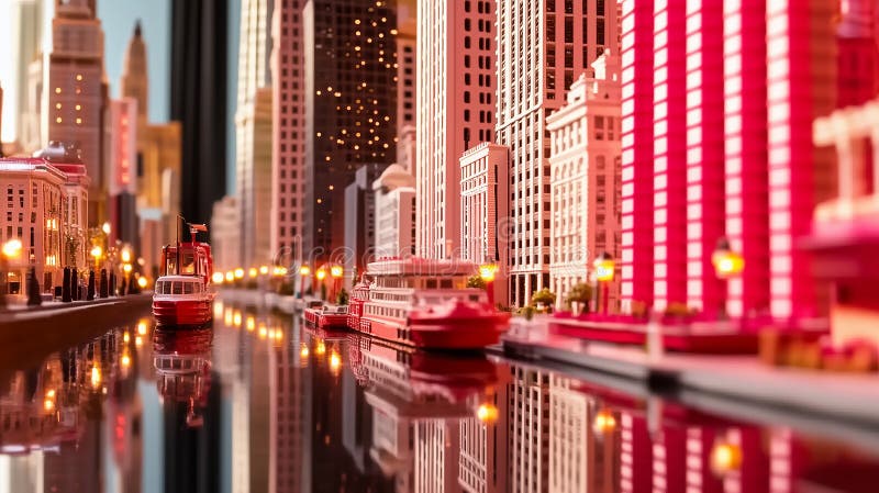 Paysage miniature reflétant dans une voie d'eau avec des modèles détaillés de bâtiments en rose et blanc illustration libre de droits
