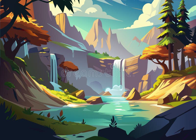 Paysage montagneux majestueux avec cascades et verdure luxuriante illustration de vecteur