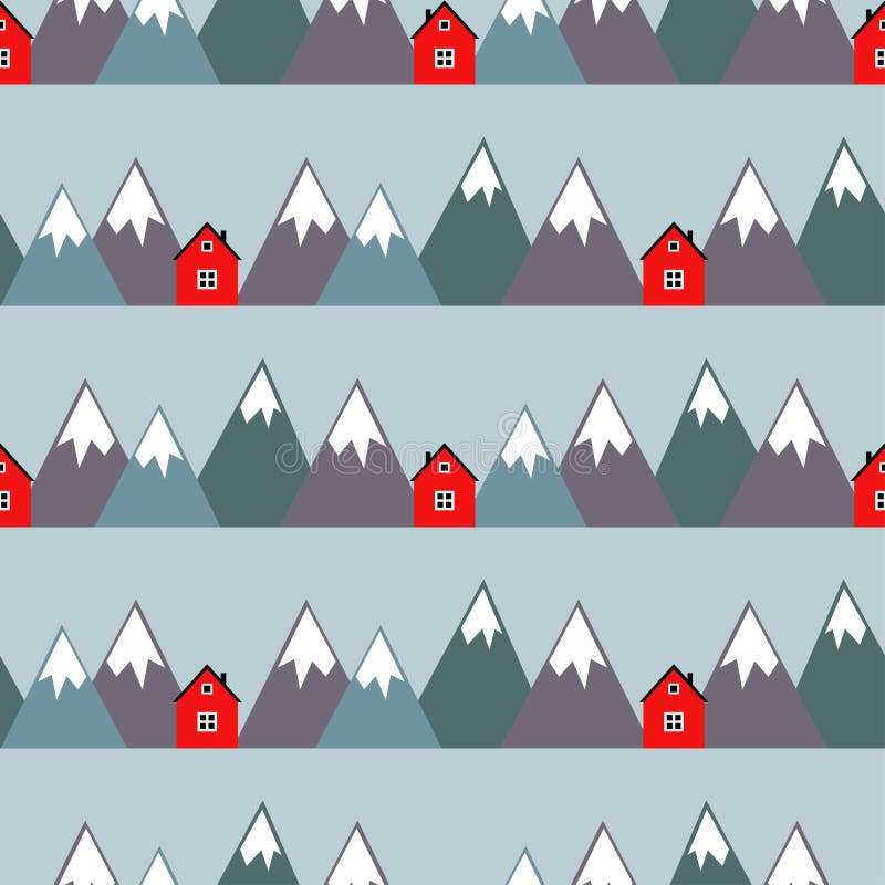 Paysage nordique avec les maisons et les montagnes rouges illustration stock Paysage nordique avec les maisons et les montagnes rouges illustration stock