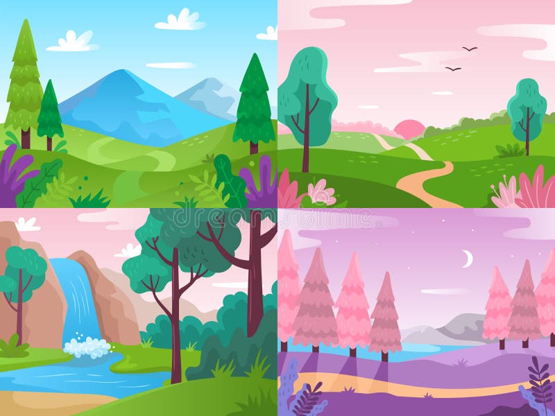 Paysage plat Nature de champ d'?t?, faune de for?t et paysages de cascade Montagnes et fond de vecteur de ciel nuageux illustration libre de droits Paysage plat Nature de champ d'?t?, faune de for?t et paysages de cascade Montagnes et fond de vecteur de ciel nuageux illustration libre de droits