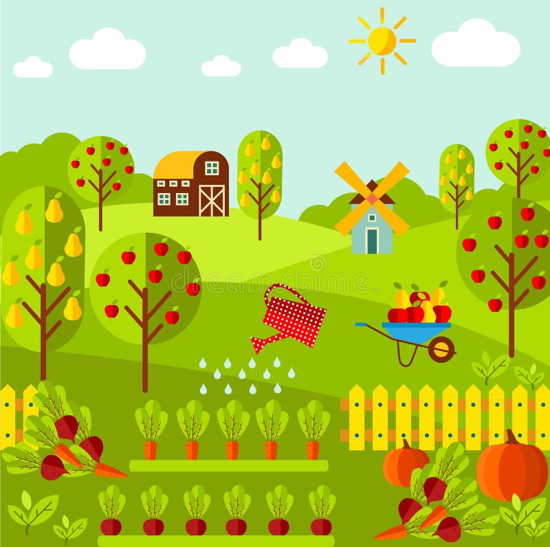Paysage rural avec les légumes organiques, jardin de fruit, ferme, moulin illustration libre de droits Paysage rural avec les légumes organiques, jardin de fruit, ferme, moulin illustration libre de droits