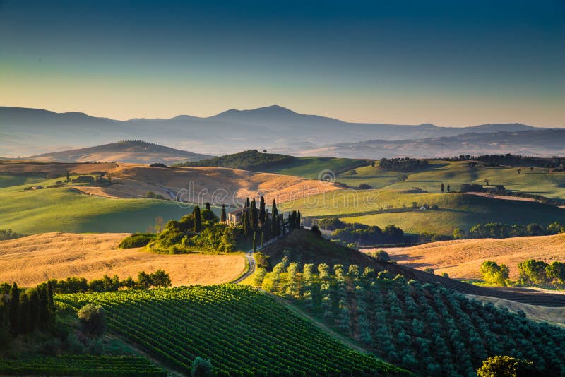 Paysage scénique de la Toscane au lever de soleil, d'Orcia de Val, Italie images stock Paysage scénique de la Toscane au lever de soleil, d'Orcia de Val, Italie images stock