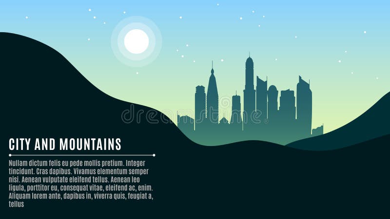 Paysage sur la ville Montagnes accidentées et une grande ville de matin Le soleil et étoiles lumineux sur un ciel de turquoise Un illustration stock Paysage sur la ville Montagnes accidentées et une grande ville de matin Le soleil et étoiles lumineux sur un ciel de turquoise Un illustration stock