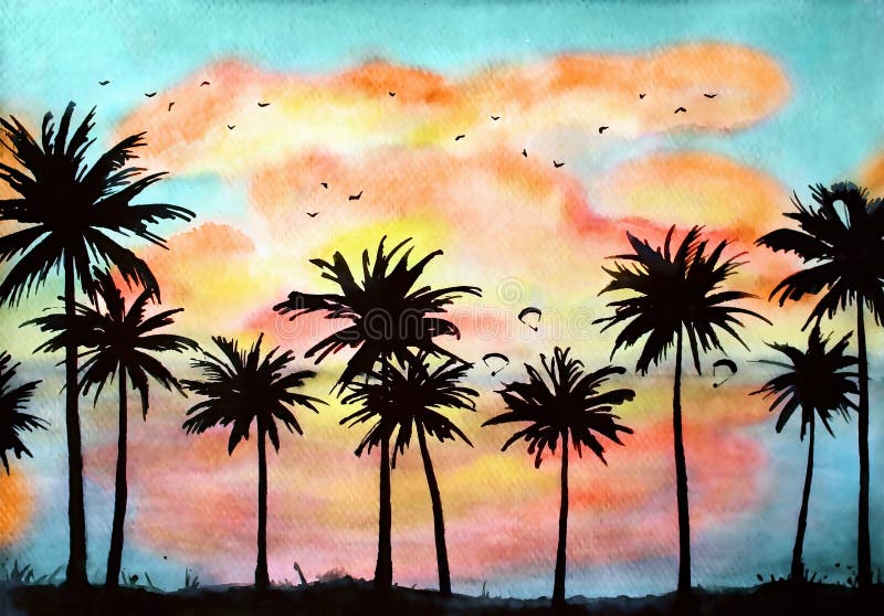 Paysage tropical d'aquarelle avec des paumes, océan, nuages oranges a illustration libre de droits Paysage tropical d'aquarelle avec des paumes, océan, nuages oranges a illustration libre de droits
