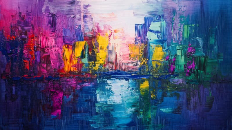 Paysage urbain abstrait coloré réfléchissant sur l'eau au coucher du soleil arrière-plan moderne illustration libre de droits