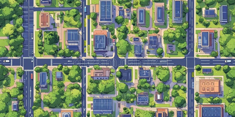 Paysage urbain avec bâtiments modernes et verdure dans une vue aérienne d'un quartier de ville photo libre de droits
