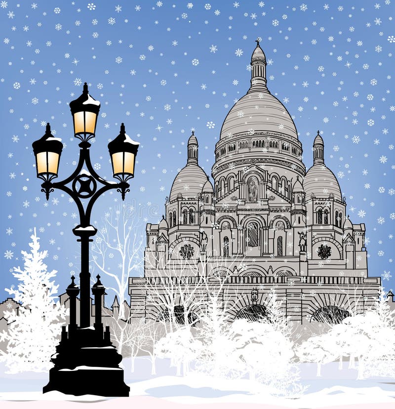 Paysage urbain d'hiver avec le point de repère français Fond de rue de Paris illustration de vecteur Paysage urbain d'hiver avec le point de repère français Fond de rue de Paris illustration de vecteur