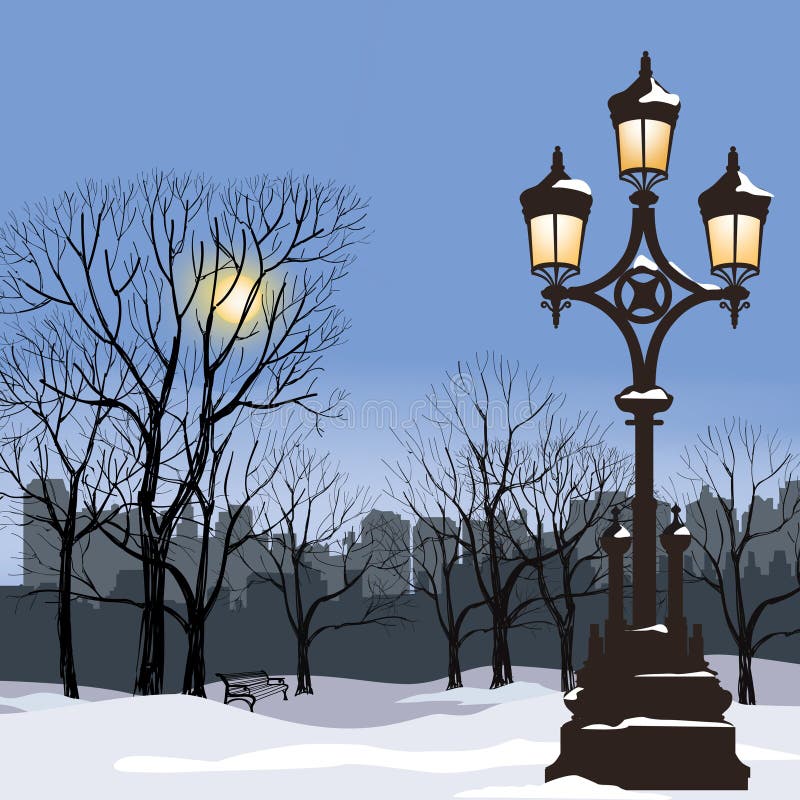 Paysage urbain d'hiver de Noël avec le réverbère lumineux, flocon de neige illustration stock Paysage urbain d'hiver de Noël avec le réverbère lumineux, flocon de neige illustration stock