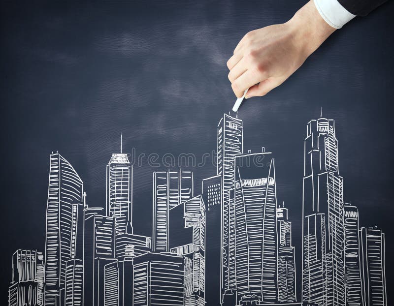 Paysage urbain de dessin de main d'homme d'affaires illustration libre de droits Paysage urbain de dessin de main d'homme d'affaires illustration libre de droits