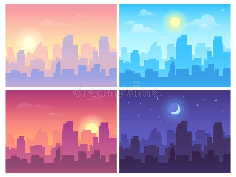 Paysage urbain de jour Matin, jour et nuit paysage d'horizon de ville, bâtiments de ville dans le temps différent et vecteur urba