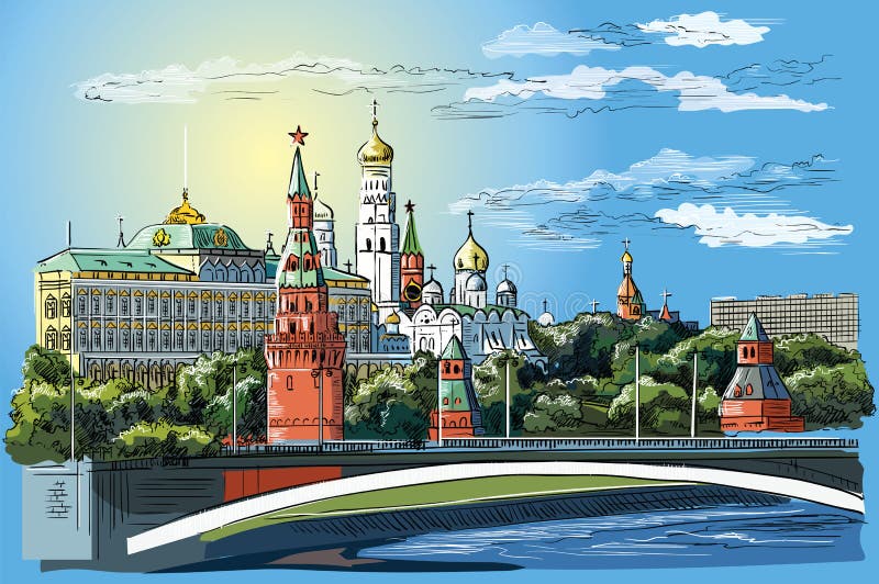 Paysage urbain de remblai des tours et du pont de Kremlin à travers la place rouge de rivière de Moscou, vecteur d'isolement colo illustration de vecteur Paysage urbain de remblai des tours et du pont de Kremlin à travers la place rouge de rivière de Moscou, vecteur d'isolement colo illustration de vecteur