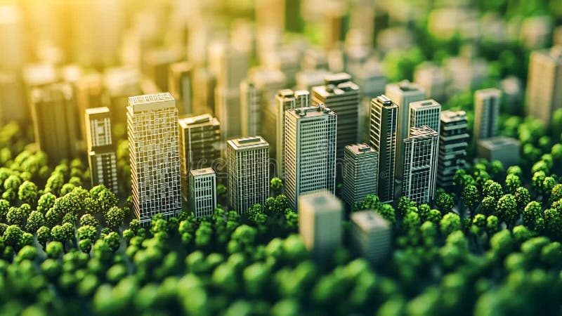 Paysage urbain durable : bâtiments miniatures se mêlant à une forêt dense éclairée par un soleil chaud illustration de vecteur