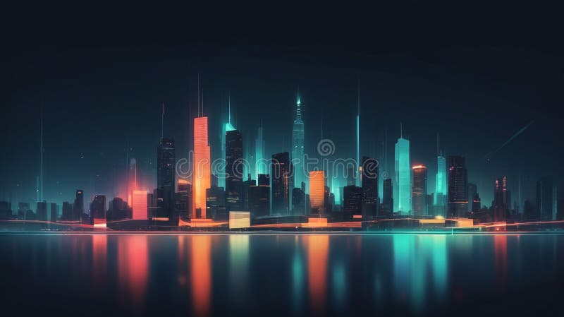 Paysage urbain futuriste reflétant dans l'eau avec néon lumières et ciel sombre arrière-plan intelligence artificielle illustration libre de droits