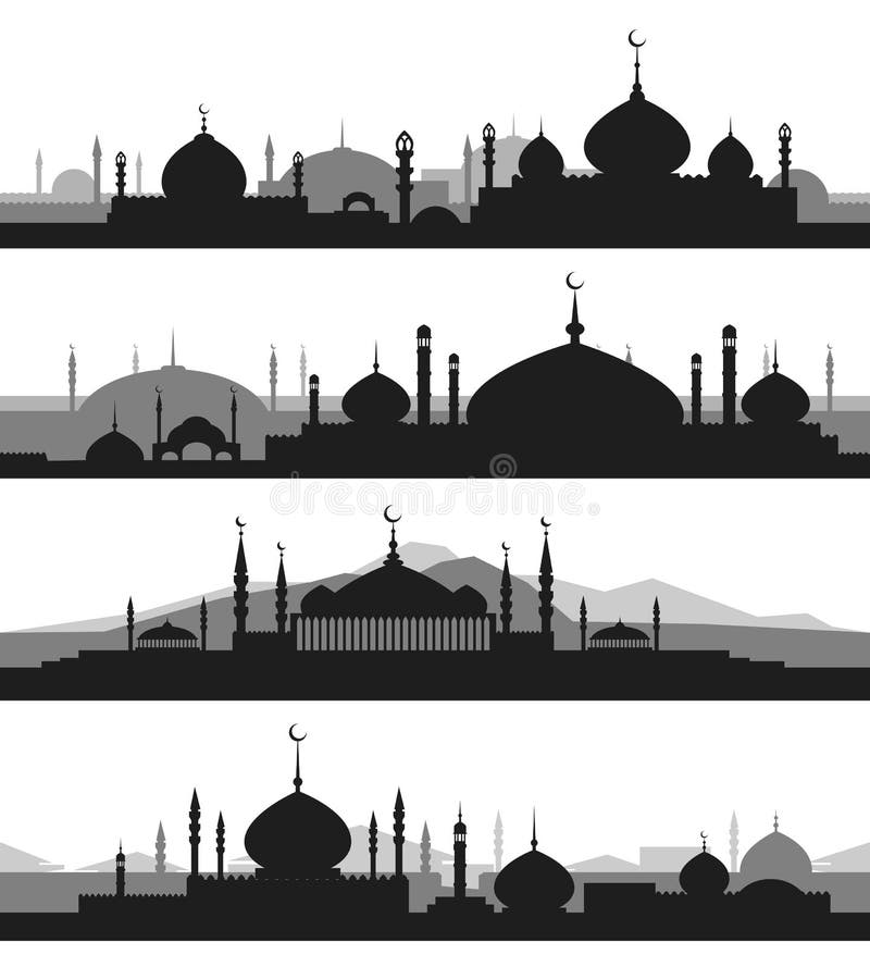 Paysage urbain islamique avec des silhouettes de mosquée illustration de vecteur Paysage urbain islamique avec des silhouettes de mosquée illustration de vecteur