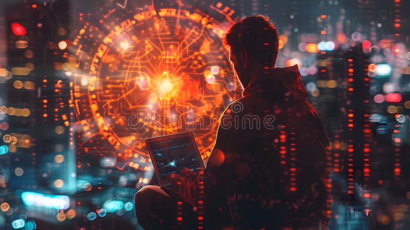 This image depicts a futuristic inspired cityscape with a bustling neon lit urban environment In the foreground a silhouetted figure is shown using a smartphone and laptop surrounded by a holographic. This image depicts a futuristic inspired cityscape with a bustling neon lit urban environment In the foreground a silhouetted figure is shown using a smartphone and laptop surrounded by a holographic