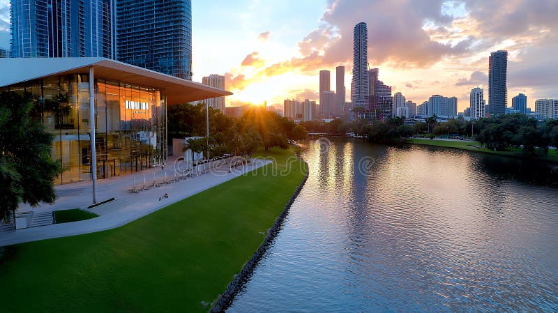 Paysage urbain reflétant les couleurs du coucher du soleil sur l'eau avec architecture moderne illustration libre de droits