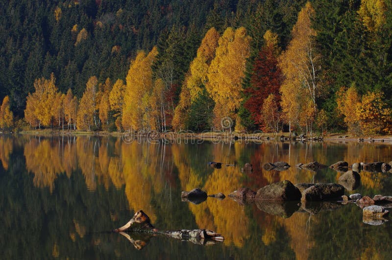 Paysage volcanique d'automne de lac - saint Anne Lake, Roumanie image stock Paysage volcanique d'automne de lac - saint Anne Lake, Roumanie image stock