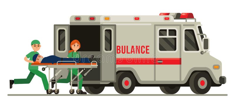 Paziente di trasporto del paramedico di emergenza dell'ambulanza nell'illustrazione piana di vettore di stile della barella